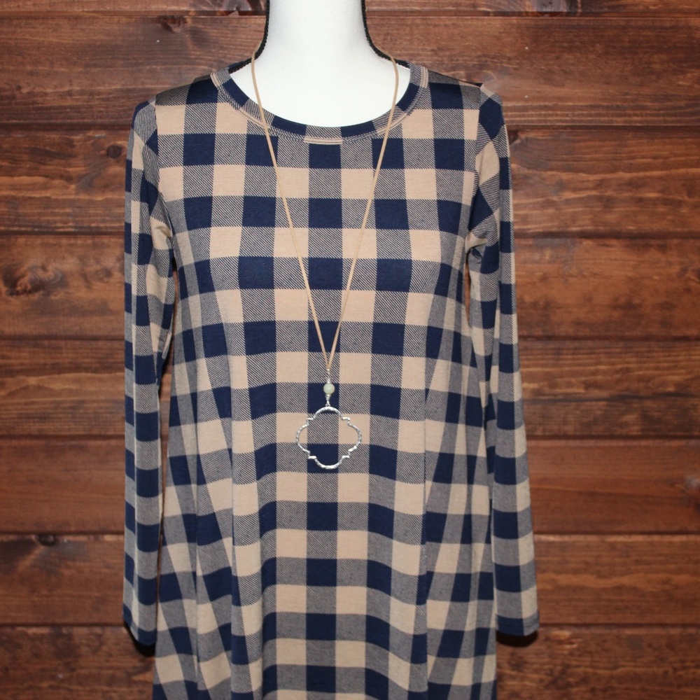 Women's Checker Print Swing Dress w/Buttons Navy